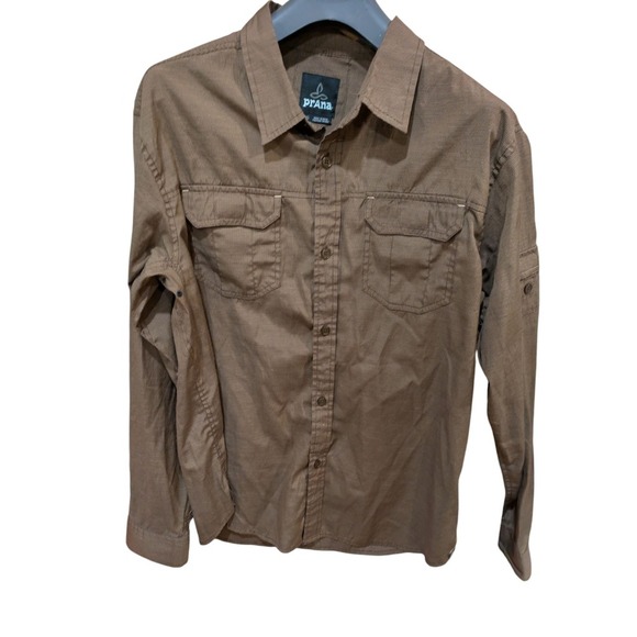 Prana Men's Casual‎ Shirt Button Up Long Roll Tab Sleeve Brown  Flap Pockets - Picture 1 of 3